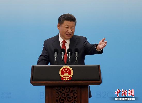 9月3日，中华人民共和国主席习近平在二十国集团工商峰会开幕式上发表主旨演讲。 中新社记者 杜洋 摄